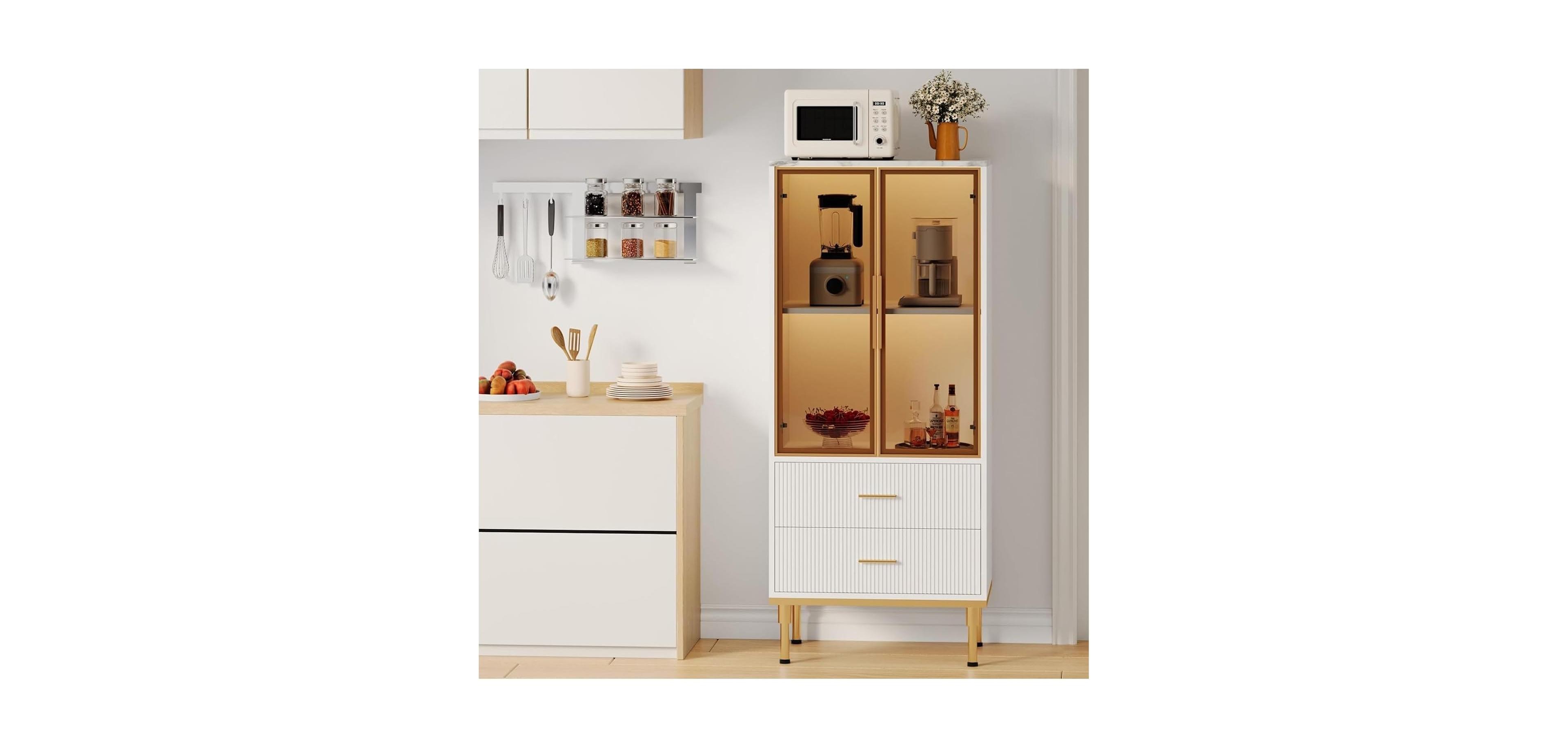 gaomon Fluted Glass Door Storage Cabinet w/Adjustable Shelves & 2 Drawers | White Contemporary Display Unit for Kitchen Pantry or Living Room Storage