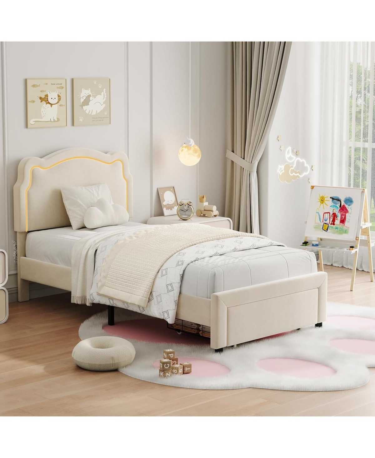 Gaomon Twin Upholstered Bed Frame with Storage Drawer & Smart Led, Velvet Platform Bed with Adjustable Headboard, No Box Spring Needed