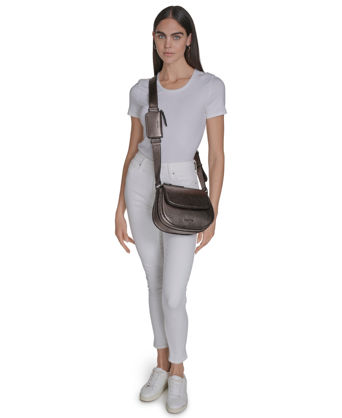 Calvin Klein Bella Adjustable Crossbody With Signature Zippered Pouch In Gold