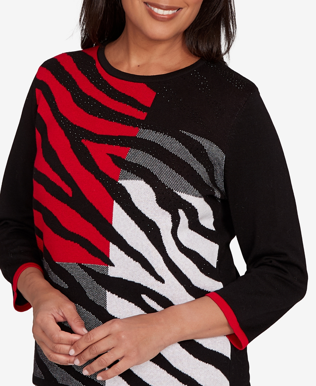 Alfred Dunner Jet Setter Zebra Colorblock Long Sleeve Sweater In Multi