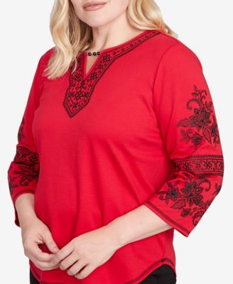Women's Jet Setter Knit Embroidered Sleeve Beaded Split Neck Top