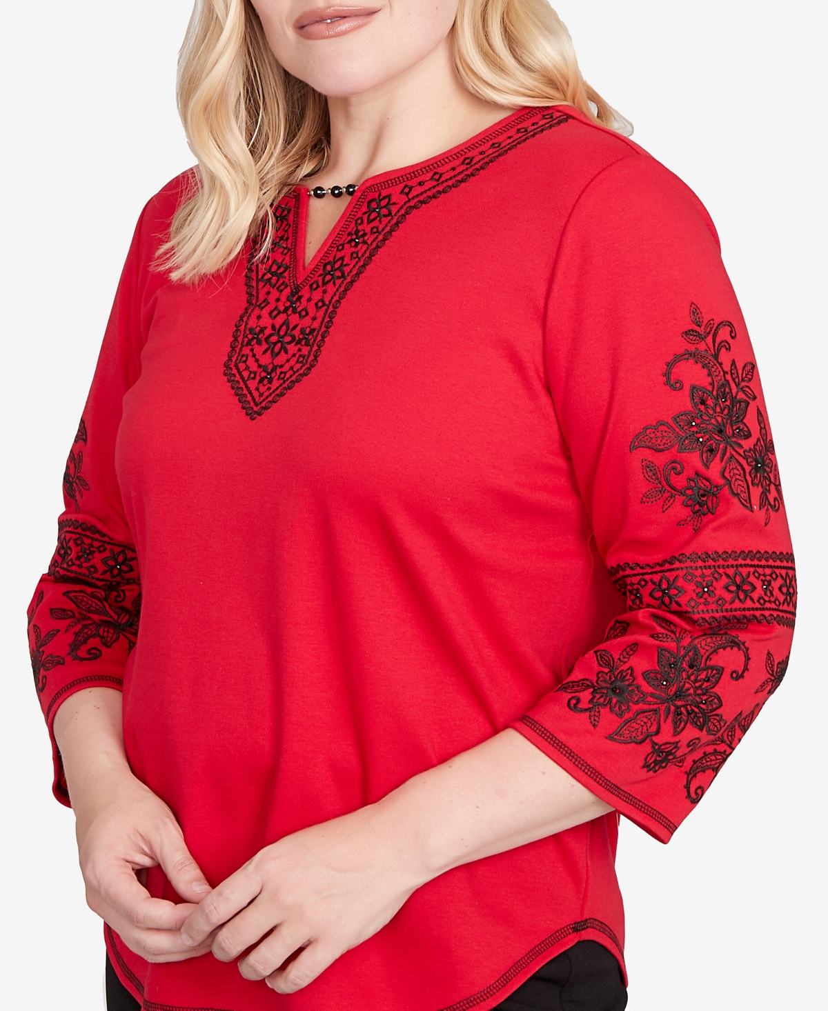 Alfred Dunner Jet Setter Knit Embroidered Sleeve Beaded Split Neck Top In Red