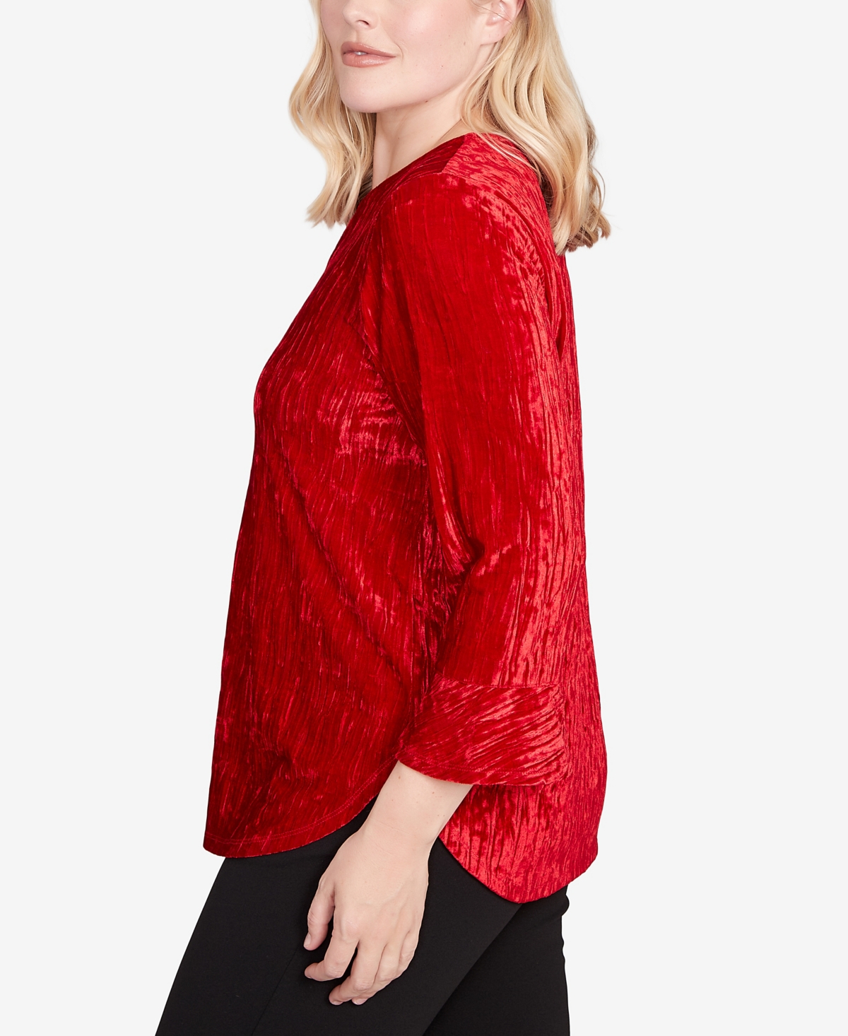 Alfred Dunner Jet Setter Crushed Velvet Henley Tie Sleeve Top In Red