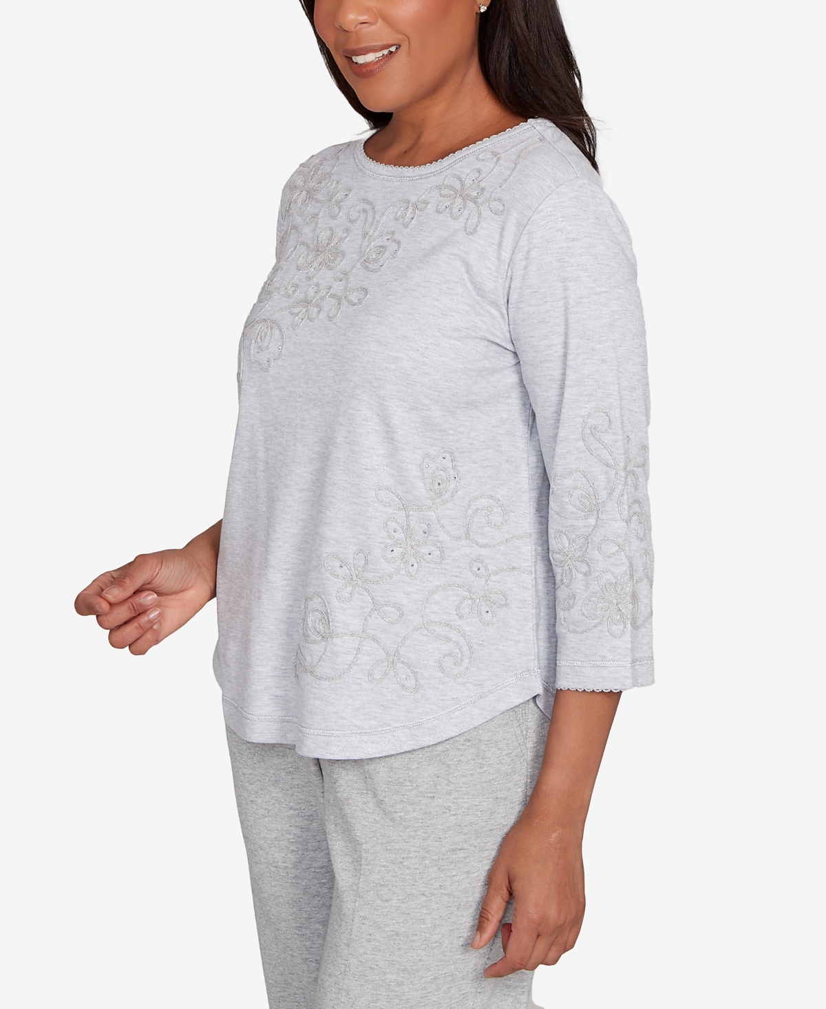 Alfred Dunner Women's Casual Vibe Asymmetrical Floral Embroidered Detail Top In Gray