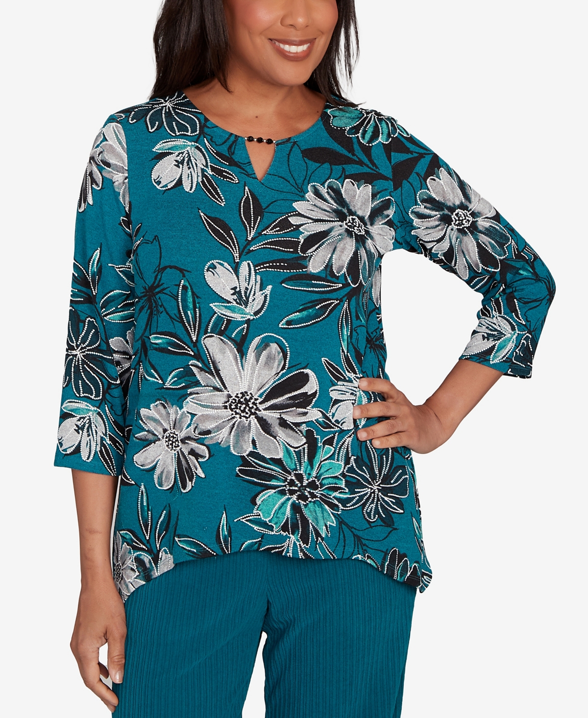 Alfred Dunner Lake Champlain Floral Printed Beaded Neck Top In Multi