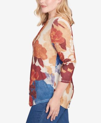 Women's Sunset Canyon Dramatic Abstract Floral Asymmetrical Top