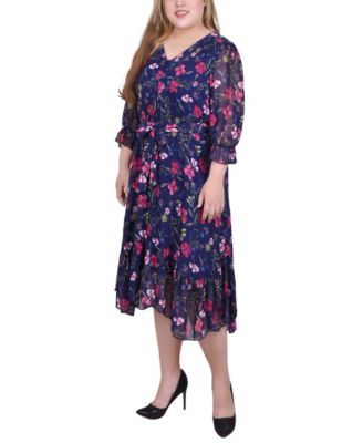Plus Size 3/4 Sleeve V-Neck Flounced Dress