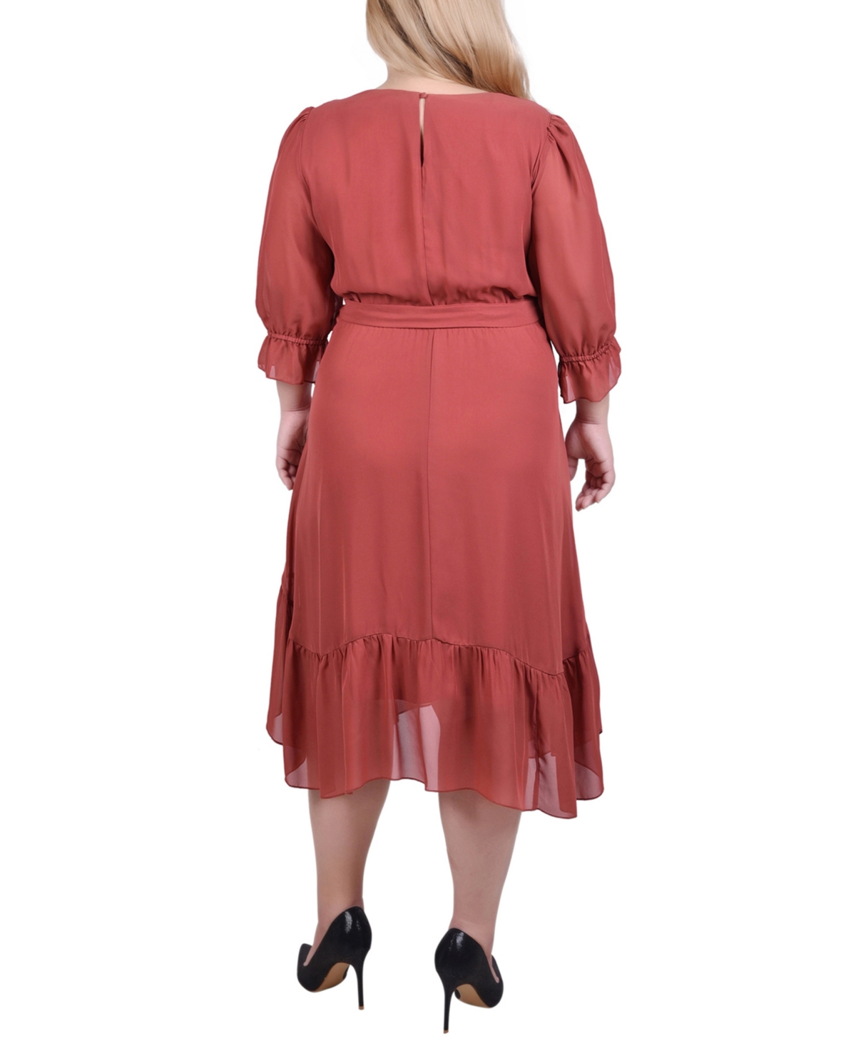 Ny Collection Plus Size Petite 3/4 Sleeve V-neck Flounced Dress In Red