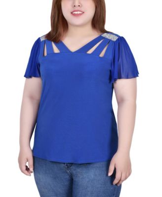Plus Size Flutter Sleeve Rhinestone Detail Top