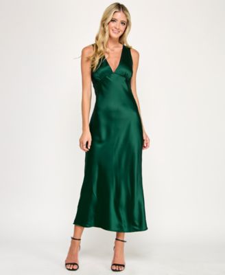 Emerald Sundae - Juniors' V-Neck A-Line Satin Midi Dress