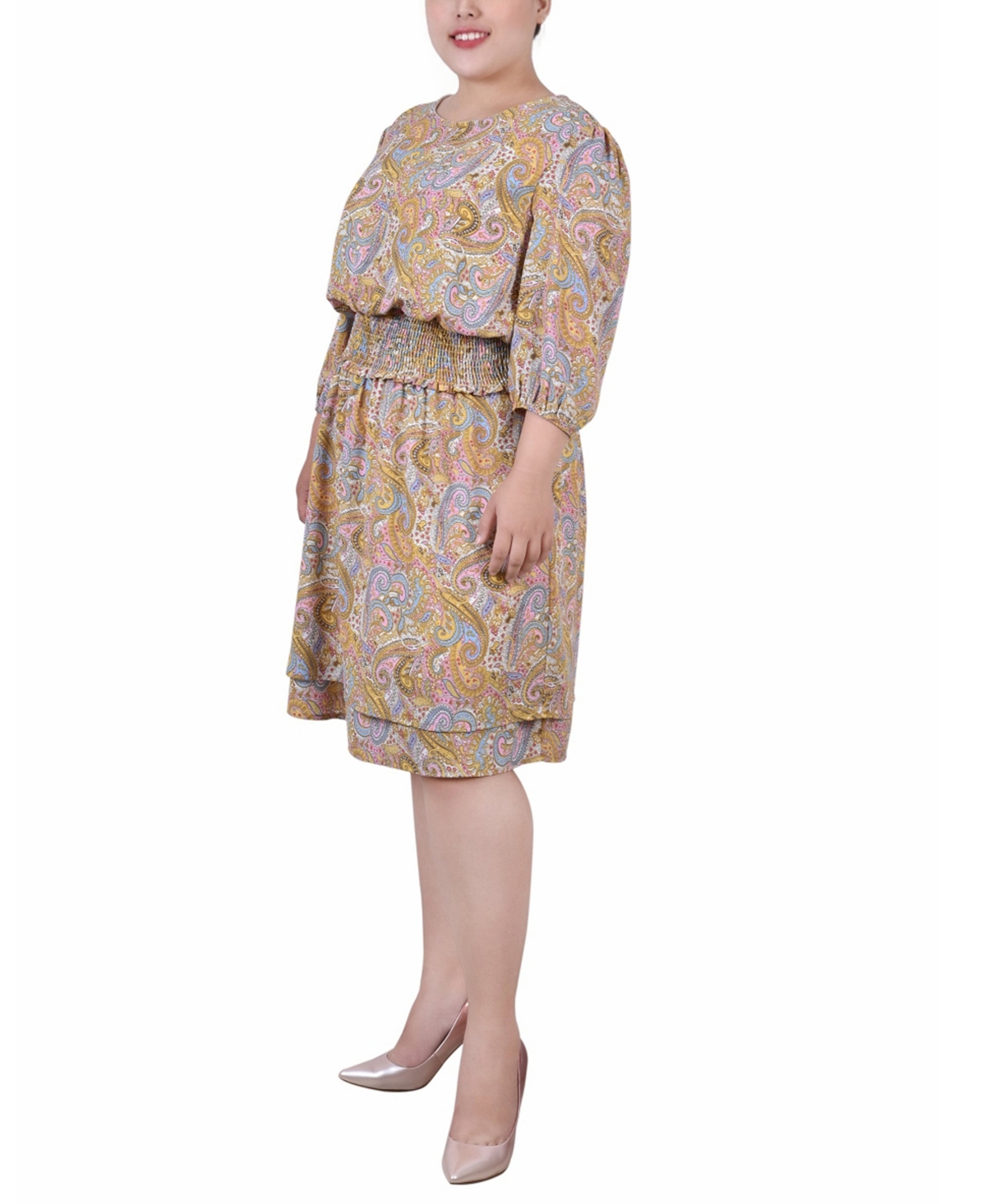 Ny Collection Plus 3/4 Sleeve Dobby Smocked Waist Dress