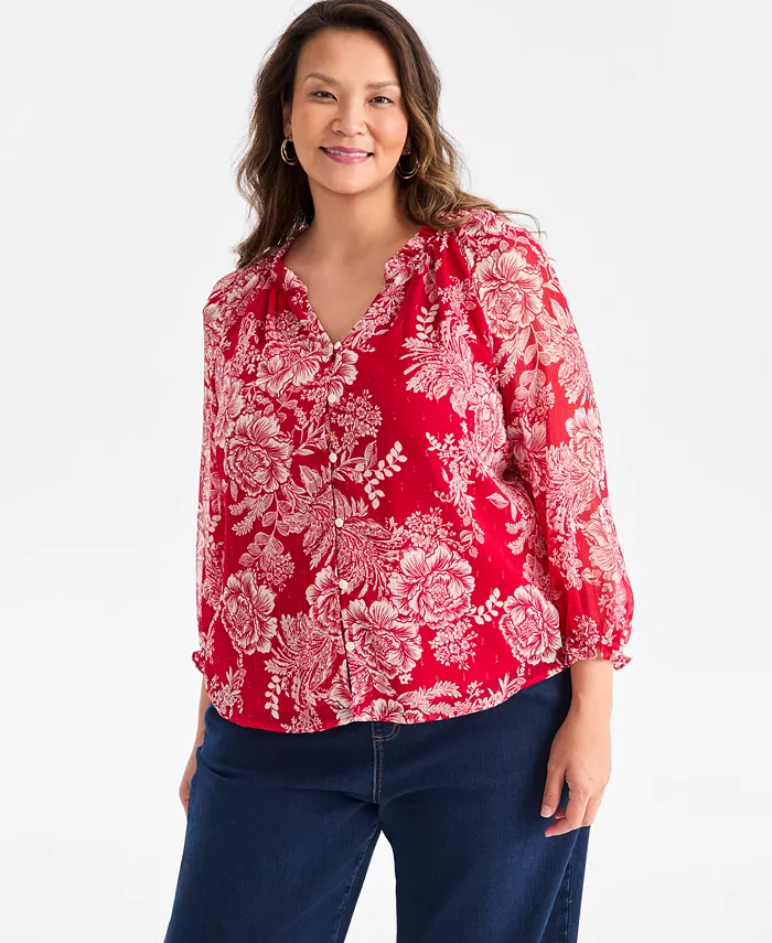 Women's Floral Ruffled Split-Neck Top - thumbnail 8