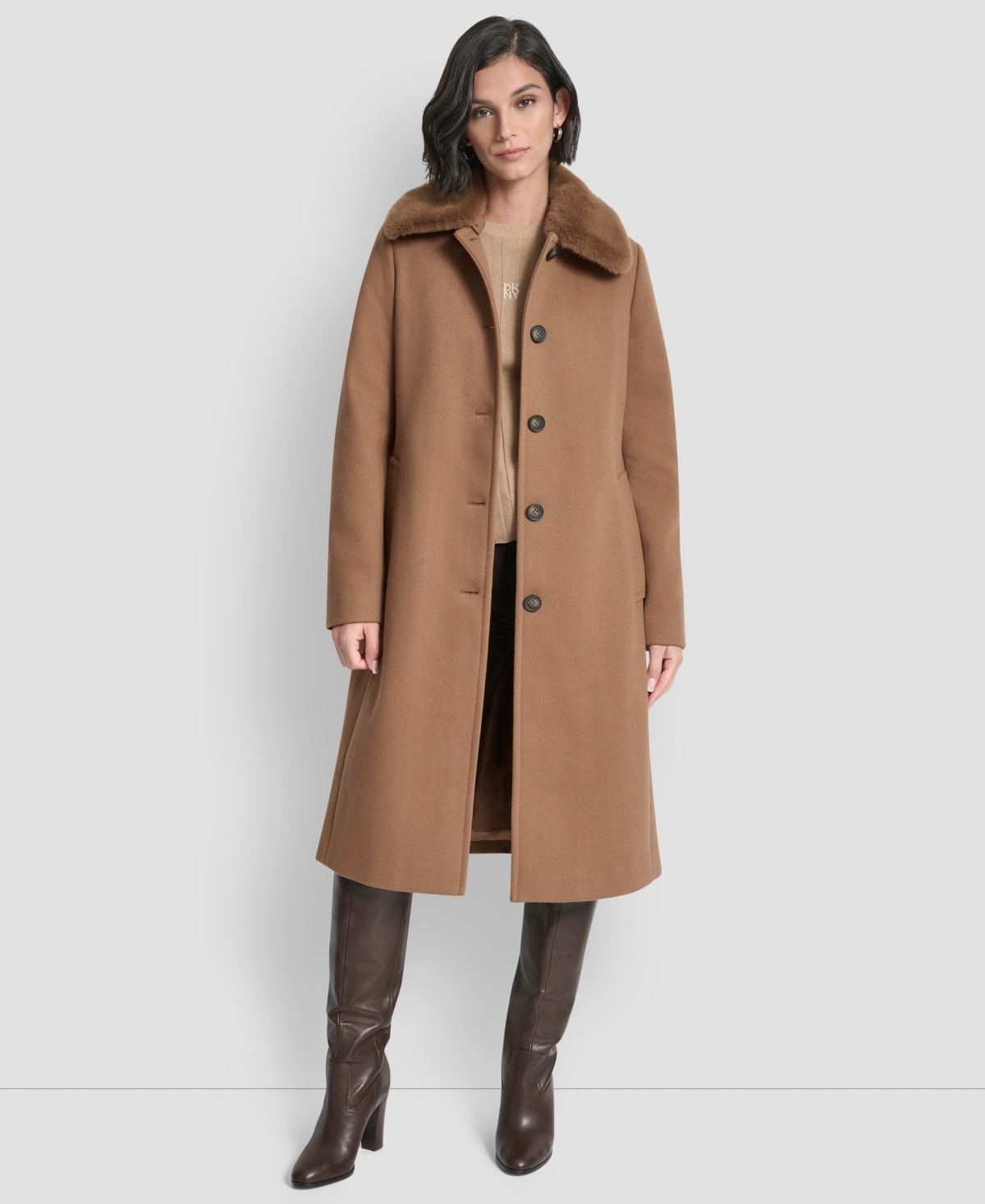 Dkny Women's Single-breasted Pillow Collar Coat In Brown