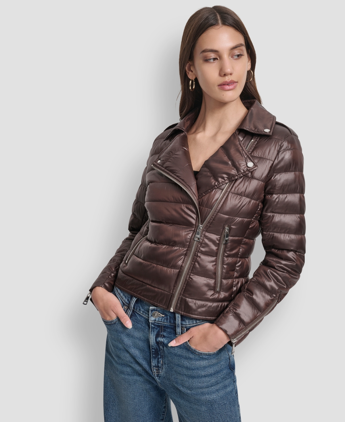 Dkny Jeans Women's Lightweight Zip-front Puffer Jacket In Brown