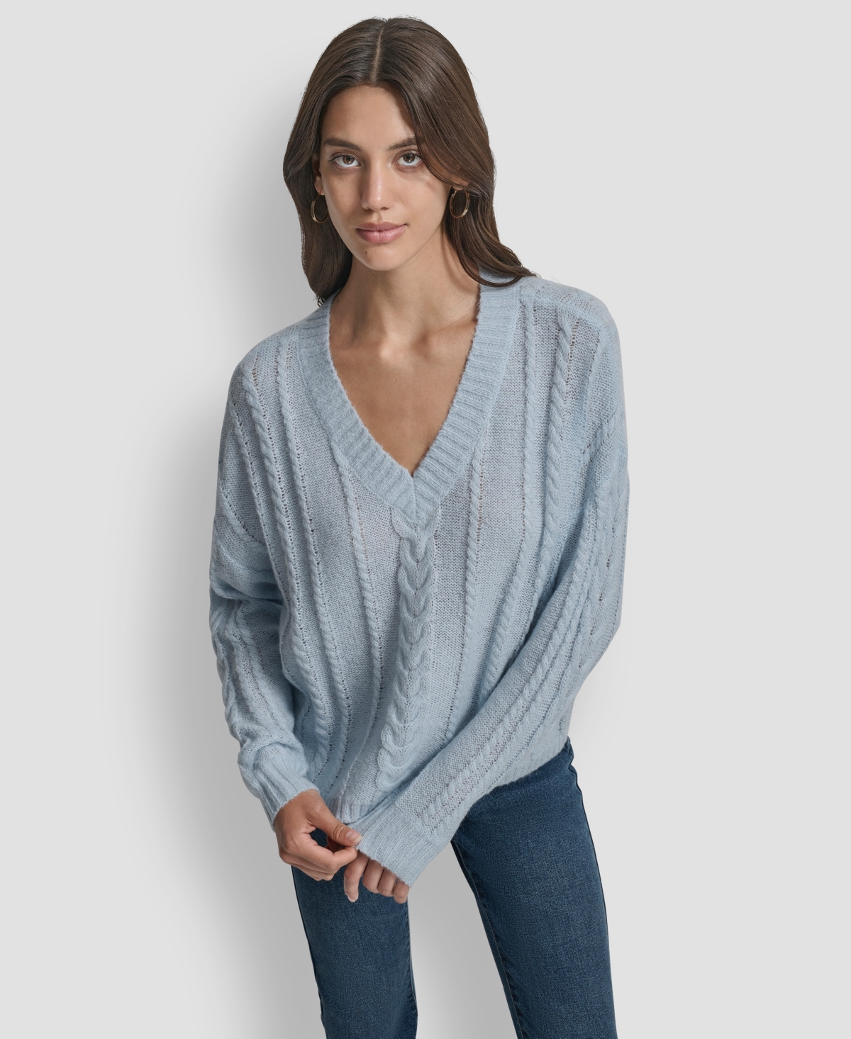Dkny Jeans Women's V-neck Cable-knit Sweater In Gray