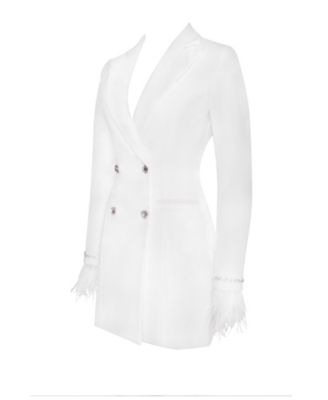 Women Quilla White Feather Crystal Sleeve Backless Blazer Dress