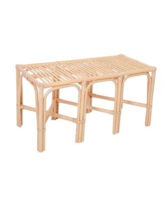 - Natural Rattan and Beige Fabric Bench Exotic Boho Upholstery Entry