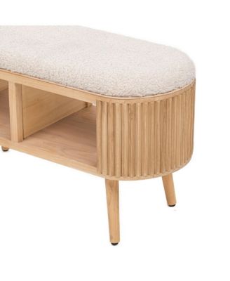 - White Boucl&eacute; and Wood Storage Bench Exotic Boho Entry