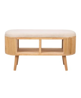 - Beige Velvet and Wood Storage Bench Exotic Boho Entry