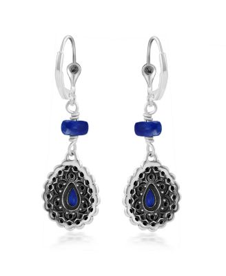 Sterling Silver Lapis Pear-Shaped Concha Lever Back Earrings