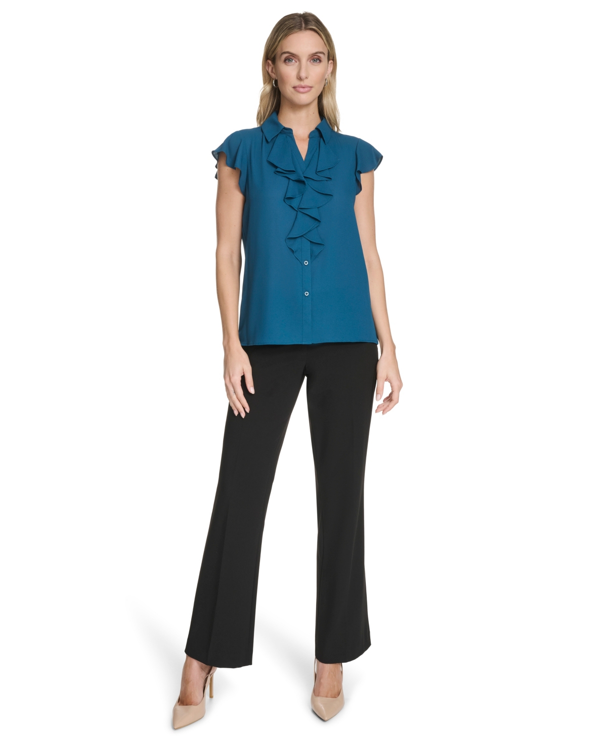 Calvin Klein Cap Sleeve Ruffle Front Button-up Shirt In Green