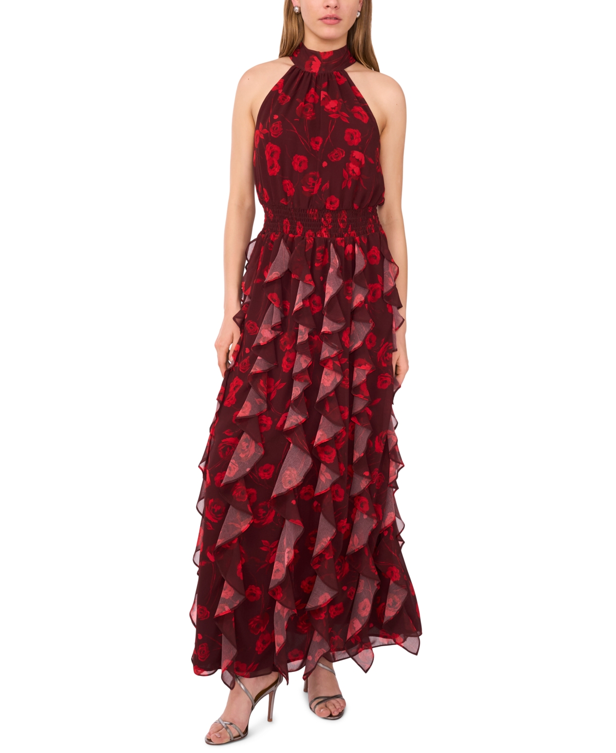 1.state Women's Flounce Cascading Halter Neck Maxi Dress In Red