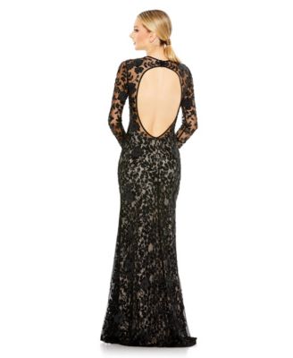 Women's Long Sleeve Floral Embellished Gown