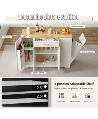 53.2" White Kitchen Island with Drawer, Cabinets, Spice Rack & Hidden Trash Can Storage, Modern Farmhouse Style-