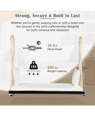 63 Inch Acacia Wood Porch Swing with Cushion and Hemp Ropes