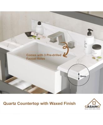 36-Inch Solid Wood Bathroom Vanity with Quartz Bullnose Top and Ceramic Basin