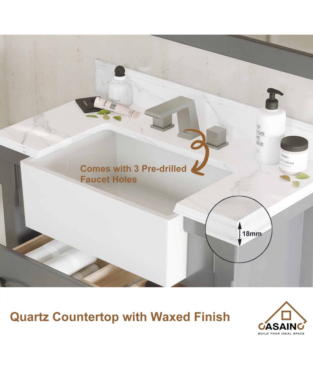 Casainc 36-Inch Solid Wood Bathroom Vanity with Quartz Bullnose Top and Ceramic Basin