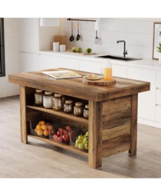 55 Inches Kitchen Island with Storage, 3-Tier Farmhouse Wooden Stationary Island Table