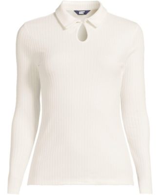 Women's Long Sleeve Pointelle Rib Keyhole Polo Top