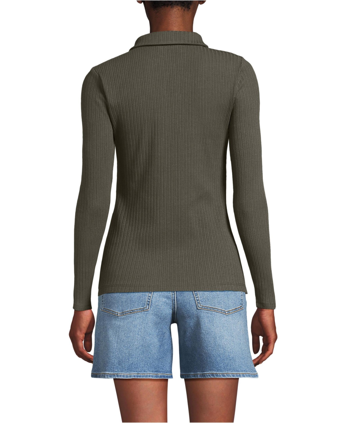Lands' End Women's Long Sleeve Pointelle Rib Keyhole Polo Top