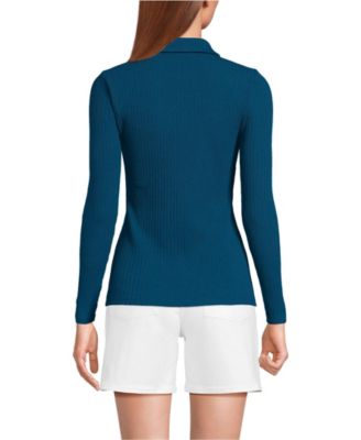Women's Long Sleeve Pointelle Rib Keyhole Polo Top