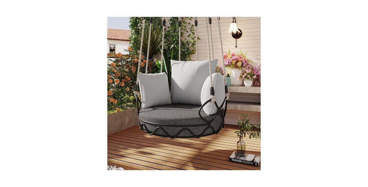 Flynama Gray Outdoor Hanging Swing Chair with 8 Inch Waterproof Cushion