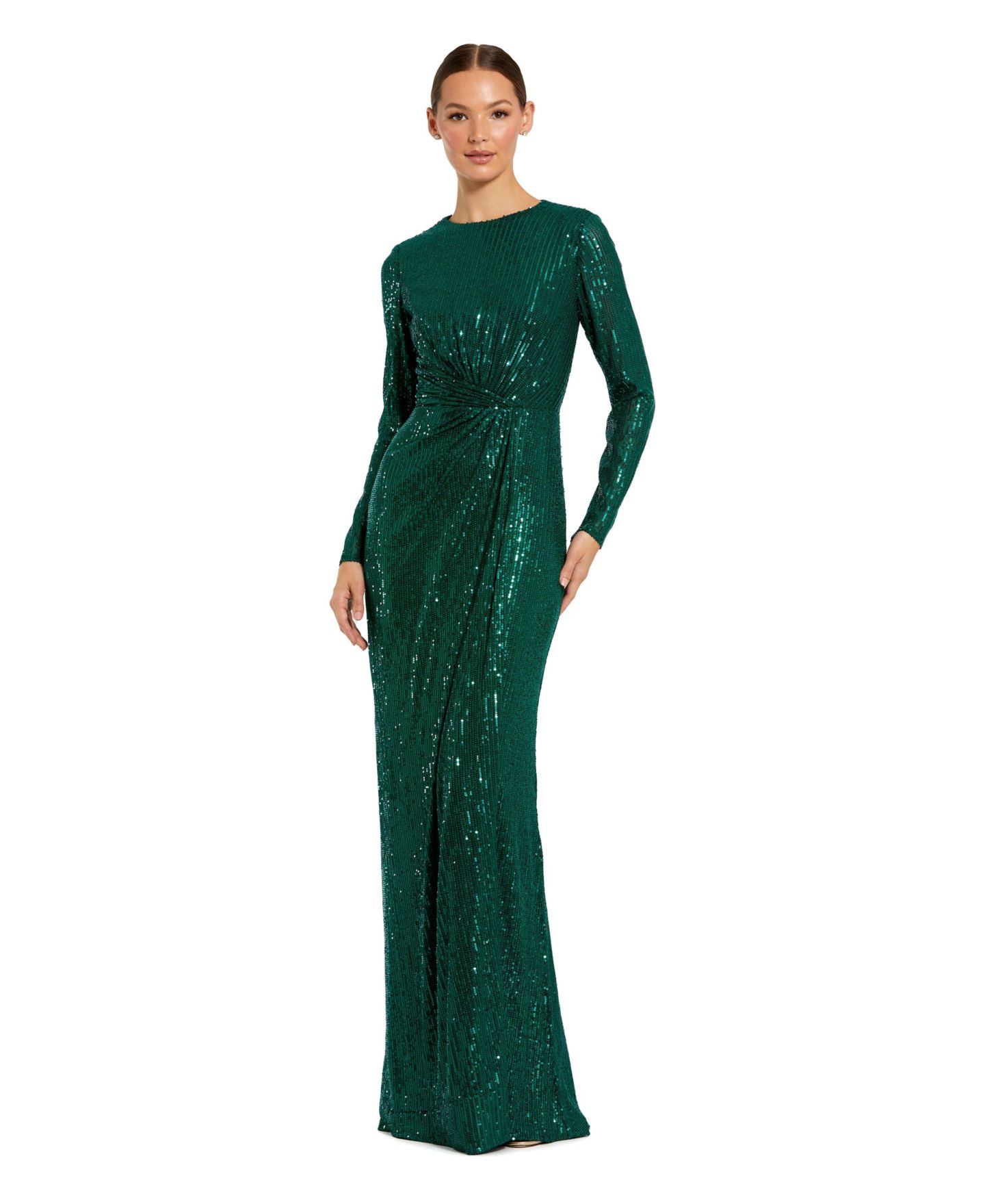 Женское платье Mac Duggal Sequin Long Sleeve High Neck Column Gown, цвет: Изумрудный — фото 1