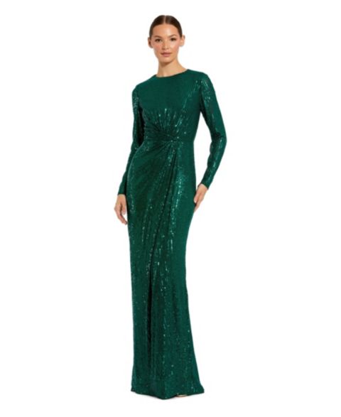 Женское платье Mac Duggal Sequin Long Sleeve High Neck Column Gown, цвет: Изумрудный
