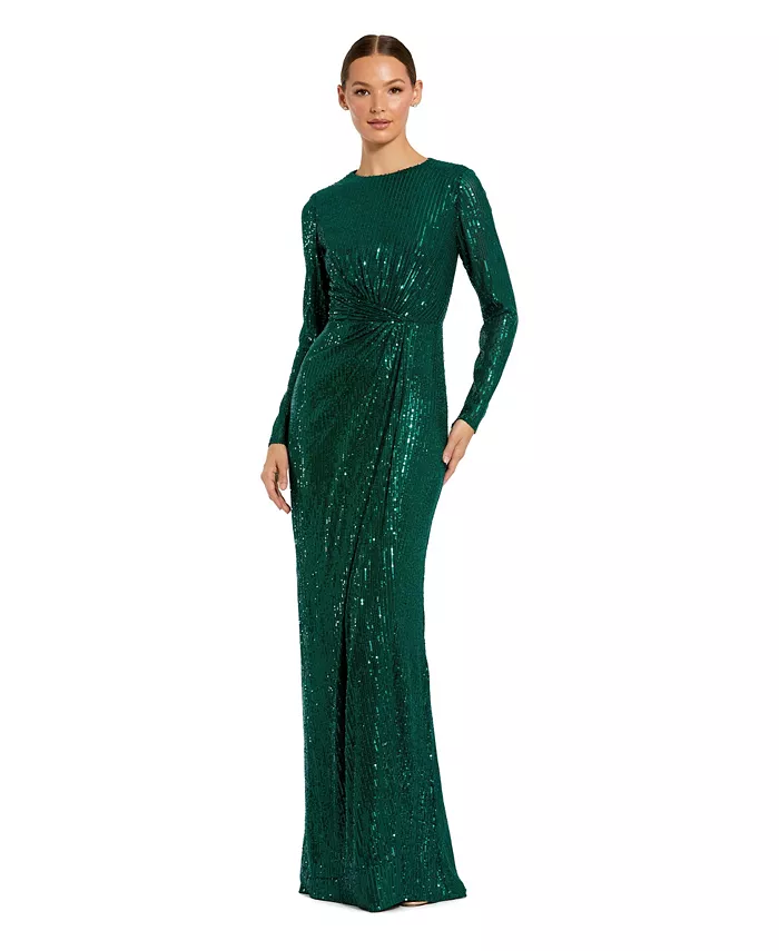 Women's Sequin Long Sleeve High Neck Column Gown - thumbnail 7