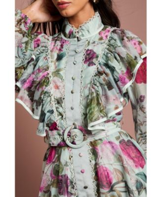 Women's Long Sleeve Printed Organza Shirt Dress