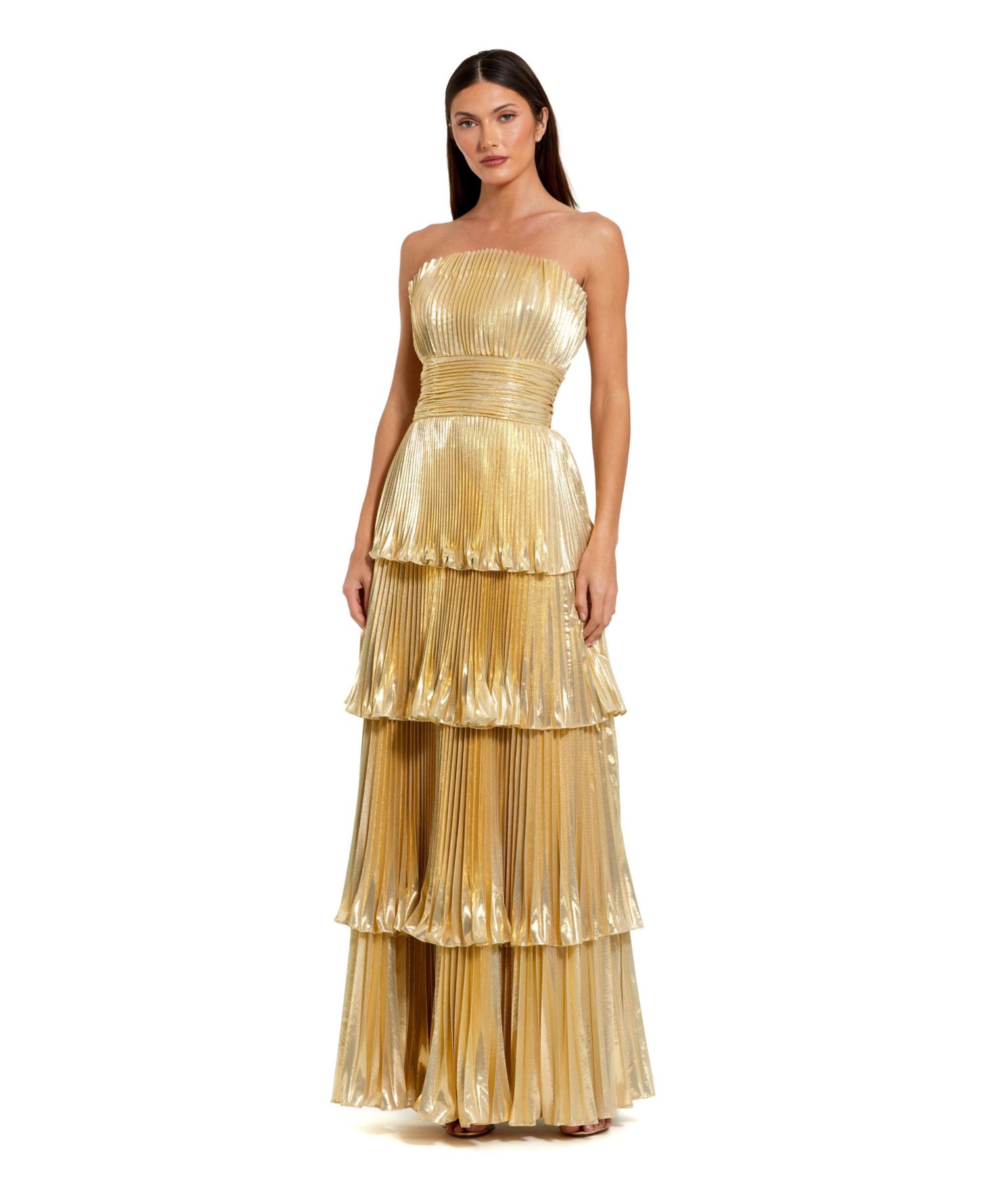 Women's Strapless Pleated Metallic Layered High Low Gown