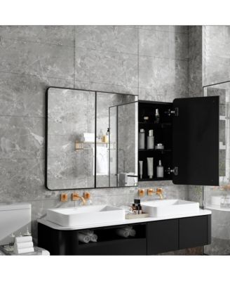 3-Door Aluminum Bathroom Medicine Cabinet, Round Corner Framed Door - Versatile Recessed Medicine Cabinet or Surface Mount, Mirrored Door Cabinet with Adjustable Glass Shelves, Matte Black