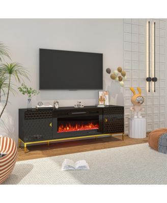 70 inches MDF TV Stand with 36 inches Fireplace and Storage Cabinets