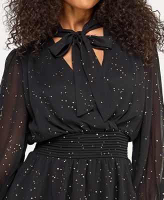 Juniors' Long Sleeve Foil Dot Tie Dress