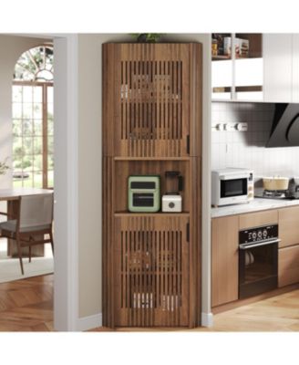 78'H Corner Cabinet, Farmhouse Kitchen Pantry Storage Cabinet, Ventilated Grille Style Doors, Walnut