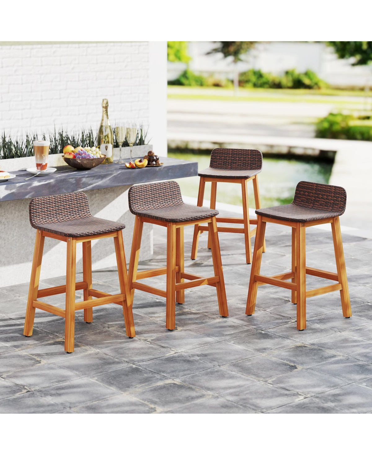Gymax Solid Acacia Wood Bar Stools Set of Rattan Bar Height Patio Chairs for Porch