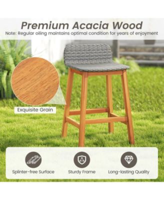 Solid Acacia Wood Bar Stools Set of 2 Rattan Bar Height Patio Chairs for Porch