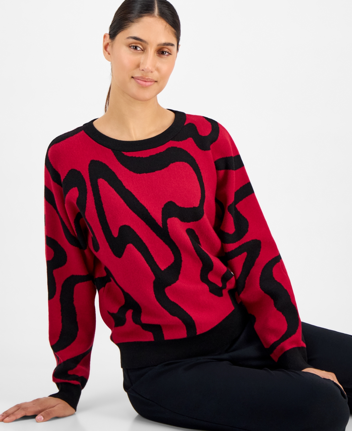 T Tahari Women's Squiggle Jacquard Crewneck Sweater In Multi