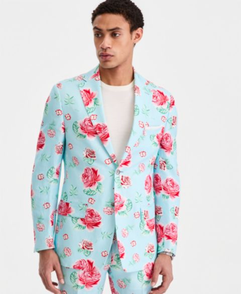 Мужской пиджак Tallia Slim-Fit Linen-Blend Patterned Blazer, цвет: Синий / Розовый