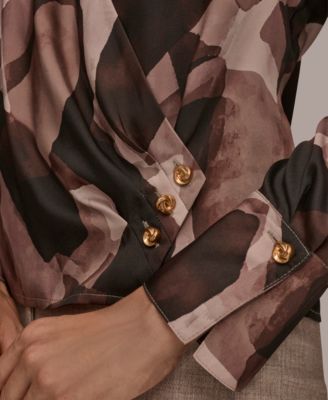 Petite Printed Satin Long Sleeve Wrap Top